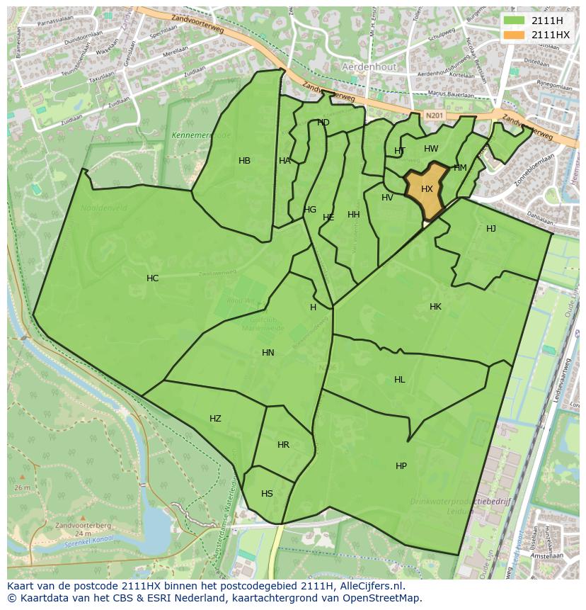 Afbeelding van het postcodegebied 2111 HX op de kaart.