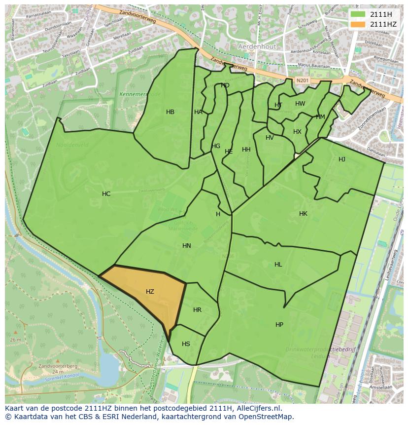 Afbeelding van het postcodegebied 2111 HZ op de kaart.