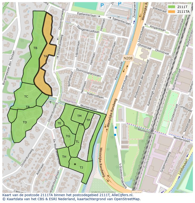 Afbeelding van het postcodegebied 2111 TA op de kaart.