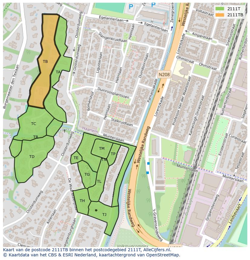 Afbeelding van het postcodegebied 2111 TB op de kaart.