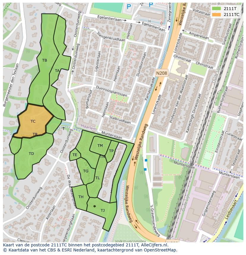 Afbeelding van het postcodegebied 2111 TC op de kaart.
