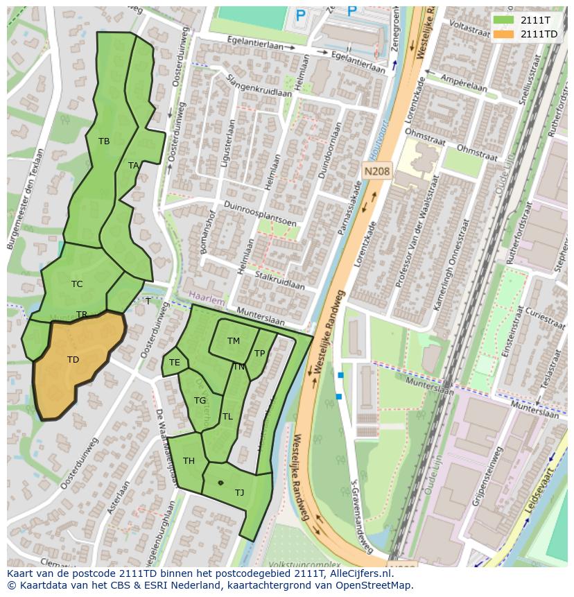Afbeelding van het postcodegebied 2111 TD op de kaart.