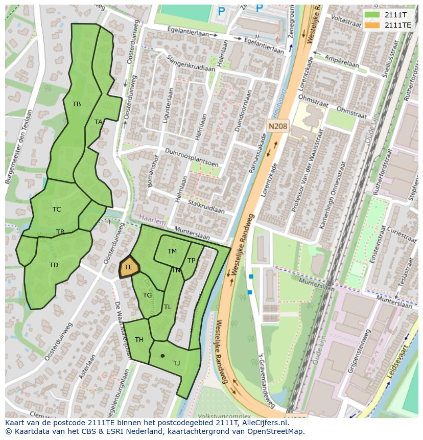 Afbeelding van het postcodegebied 2111 TE op de kaart.