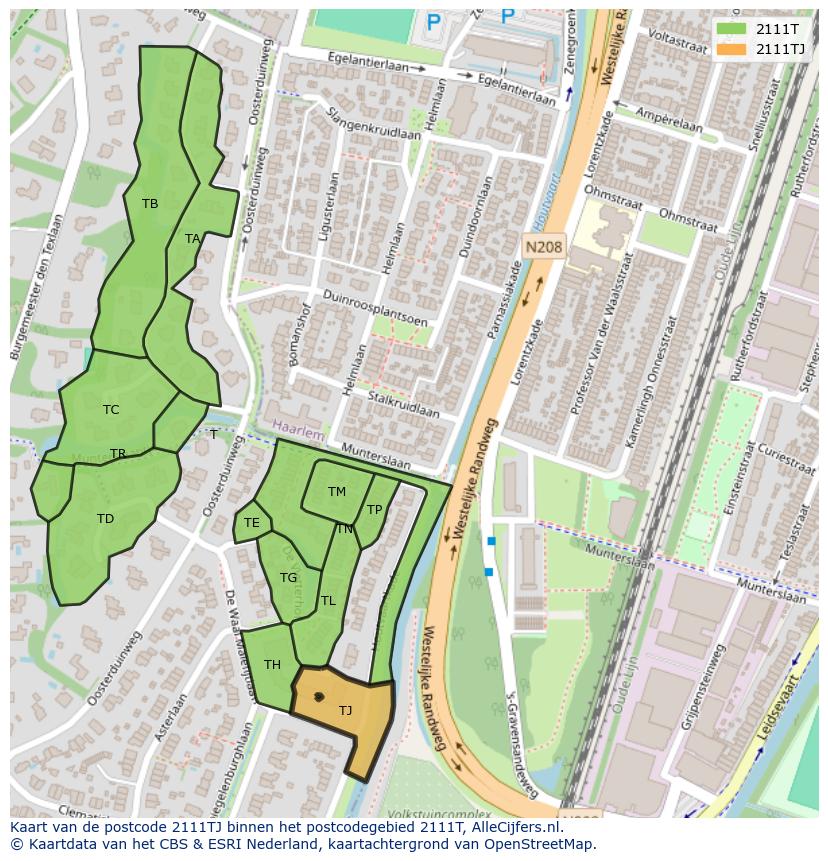 Afbeelding van het postcodegebied 2111 TJ op de kaart.