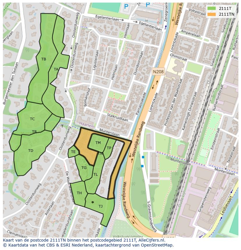 Afbeelding van het postcodegebied 2111 TN op de kaart.