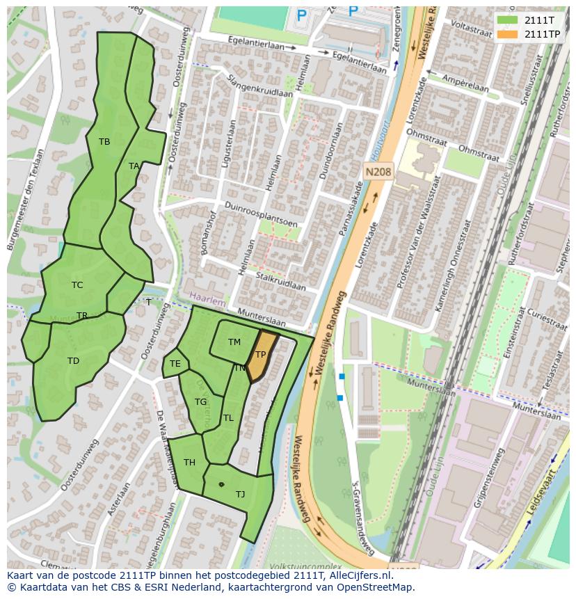 Afbeelding van het postcodegebied 2111 TP op de kaart.