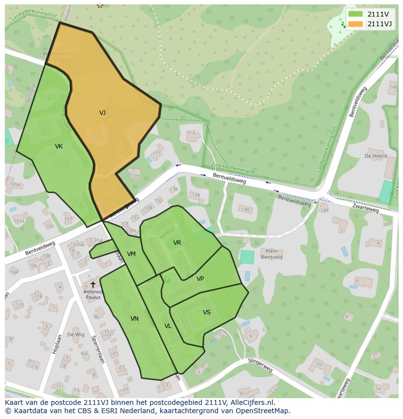 Afbeelding van het postcodegebied 2111 VJ op de kaart.