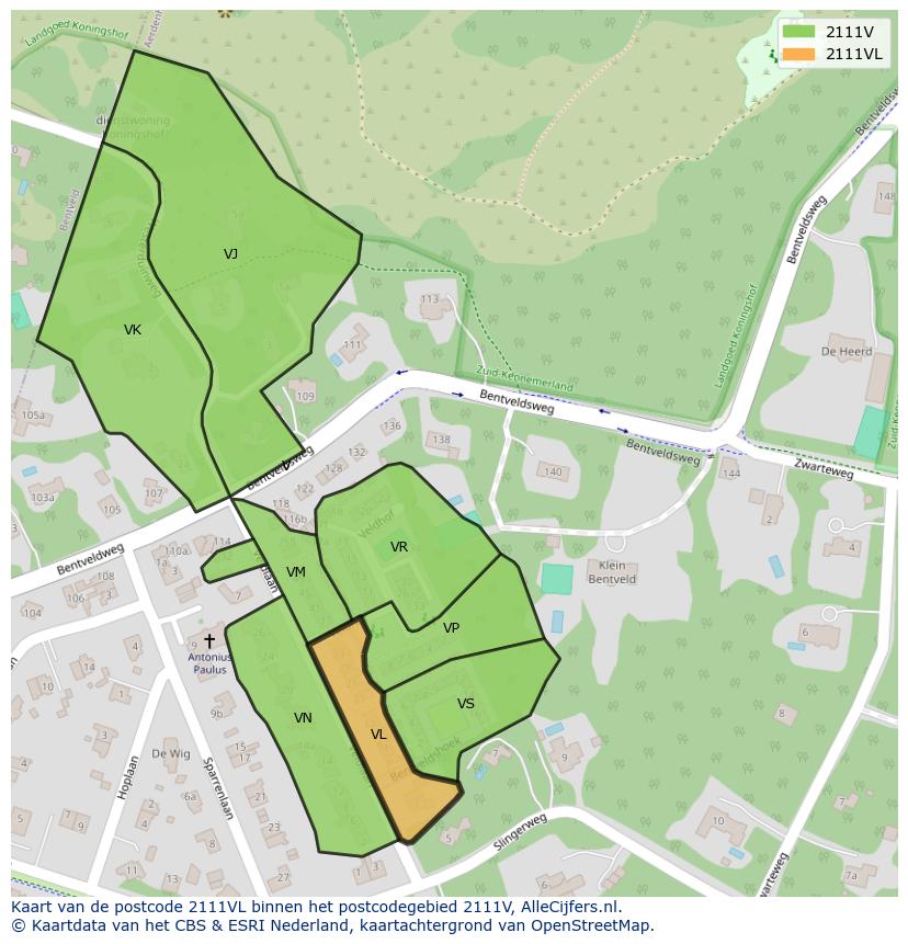 Afbeelding van het postcodegebied 2111 VL op de kaart.