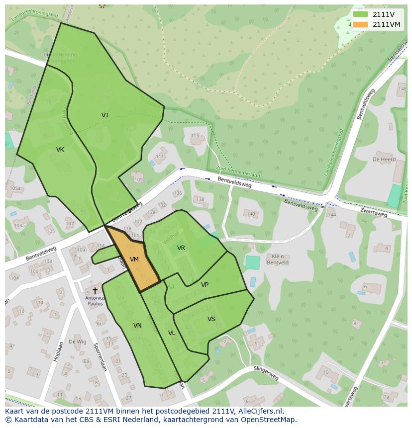 Afbeelding van het postcodegebied 2111 VM op de kaart.
