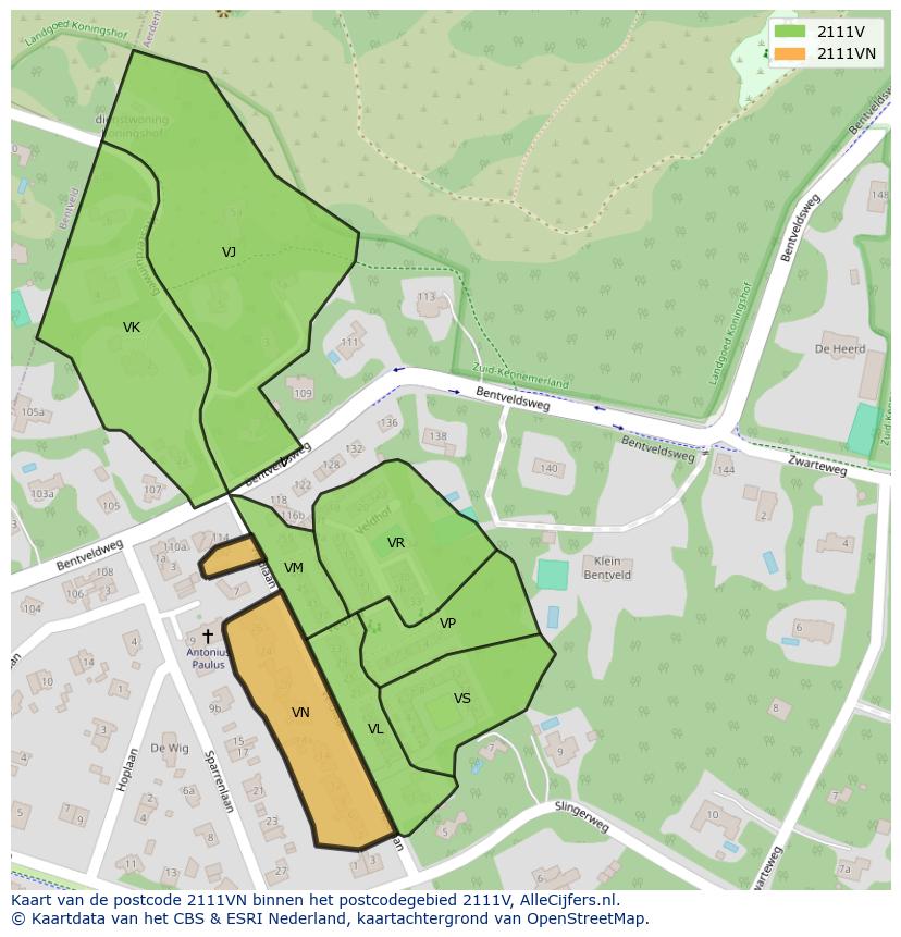 Afbeelding van het postcodegebied 2111 VN op de kaart.