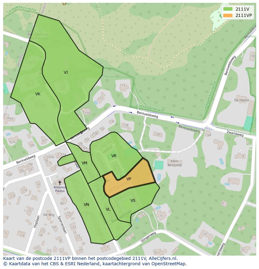 Afbeelding van het postcodegebied 2111 VP op de kaart.