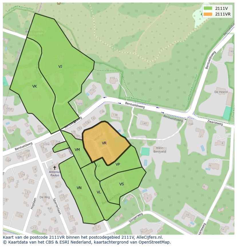 Afbeelding van het postcodegebied 2111 VR op de kaart.