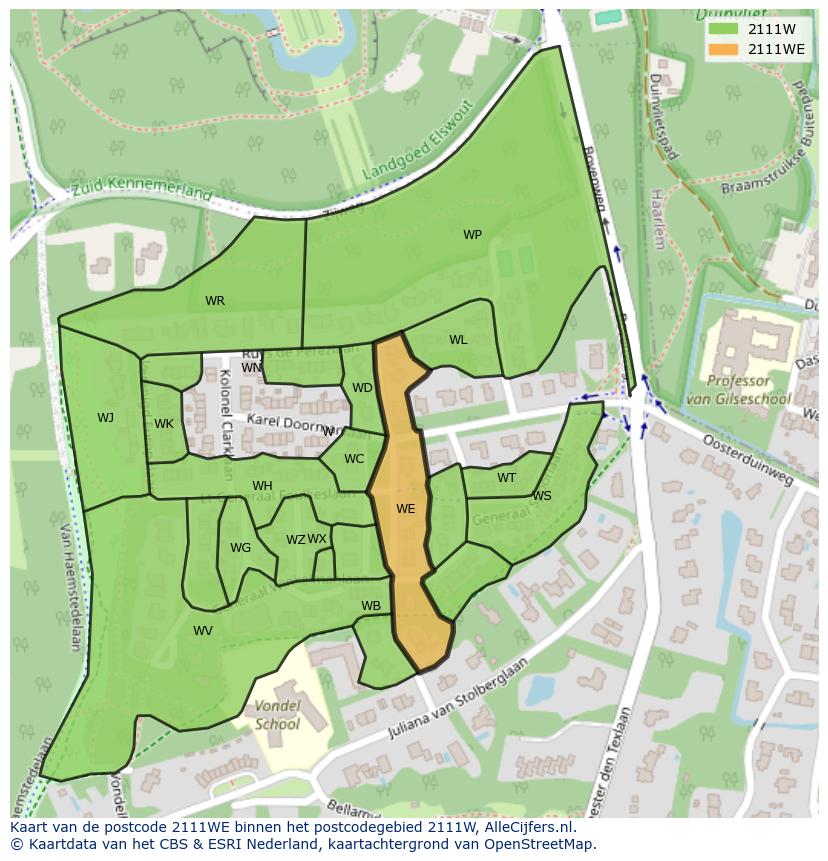 Afbeelding van het postcodegebied 2111 WE op de kaart.