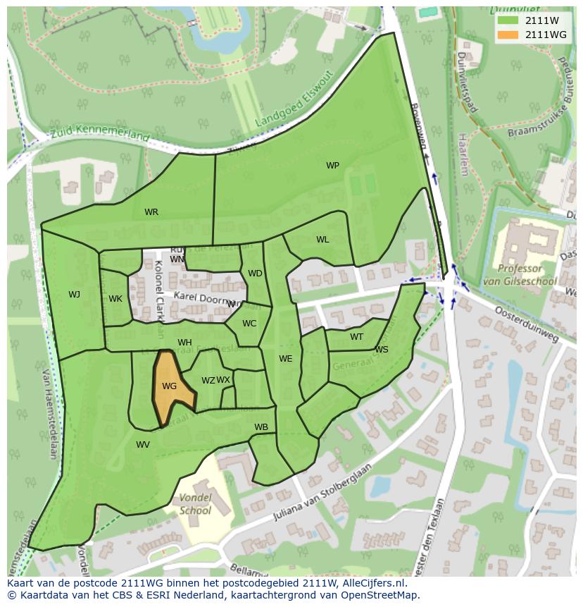 Afbeelding van het postcodegebied 2111 WG op de kaart.