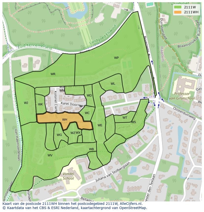 Afbeelding van het postcodegebied 2111 WH op de kaart.