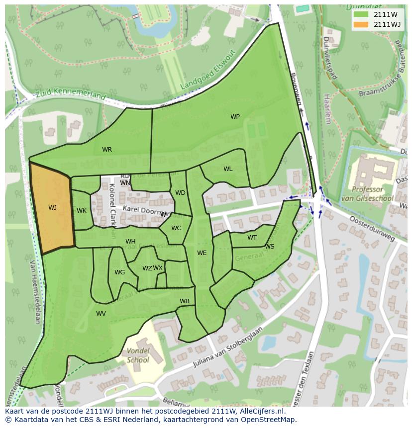 Afbeelding van het postcodegebied 2111 WJ op de kaart.