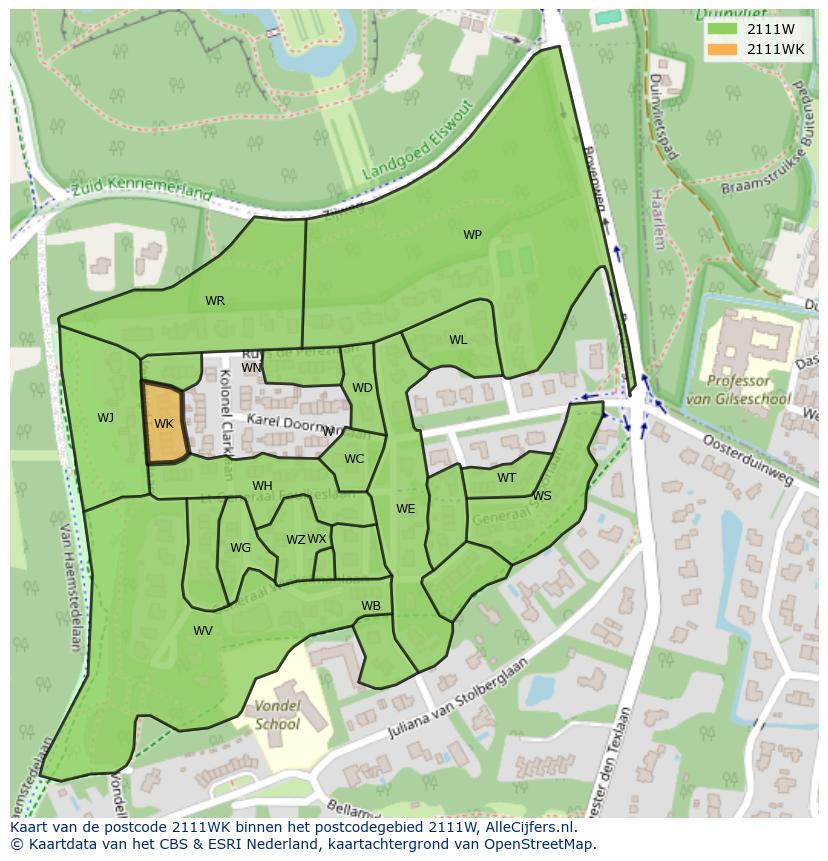 Afbeelding van het postcodegebied 2111 WK op de kaart.
