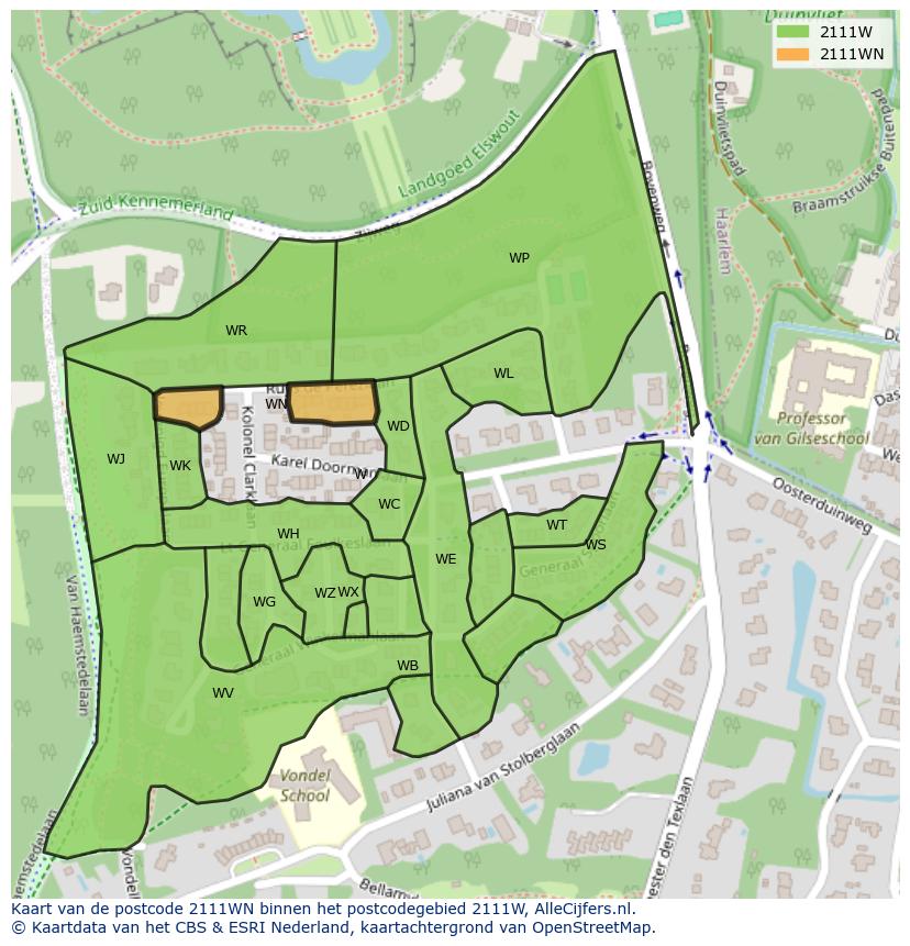 Afbeelding van het postcodegebied 2111 WN op de kaart.