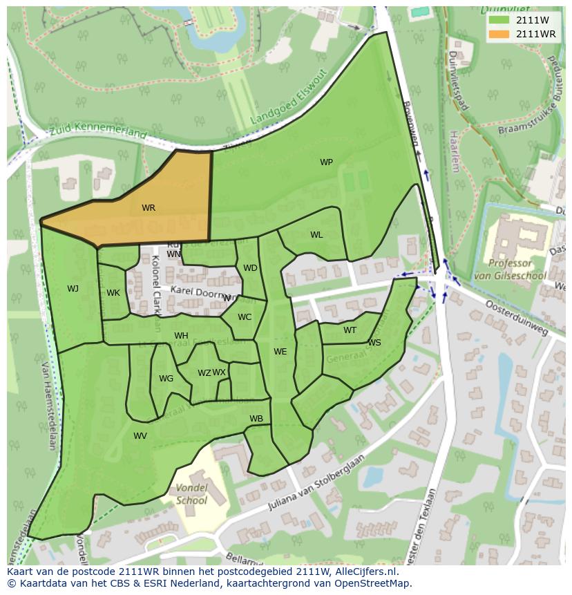 Afbeelding van het postcodegebied 2111 WR op de kaart.