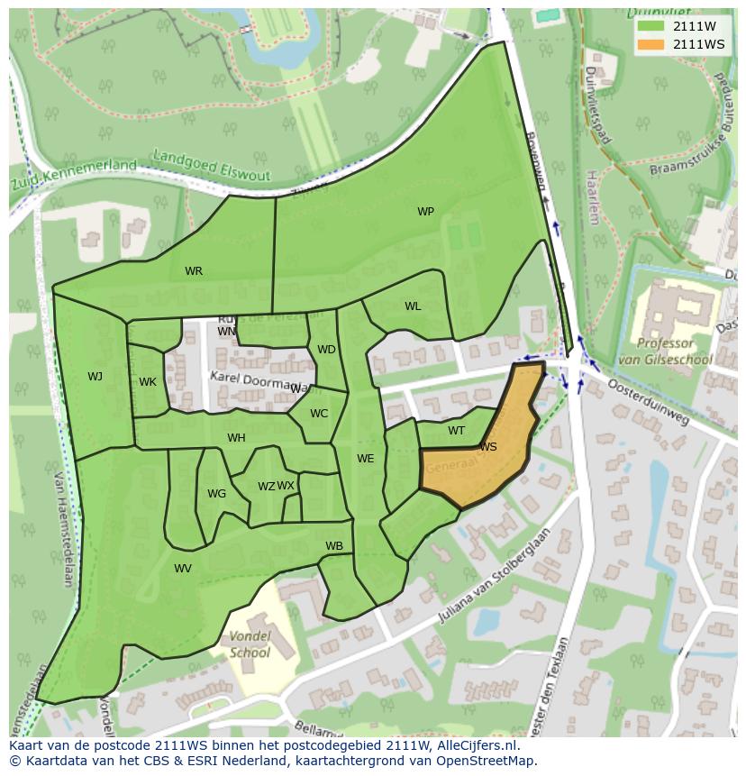 Afbeelding van het postcodegebied 2111 WS op de kaart.