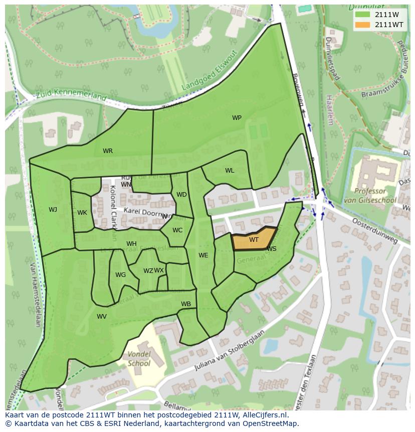 Afbeelding van het postcodegebied 2111 WT op de kaart.