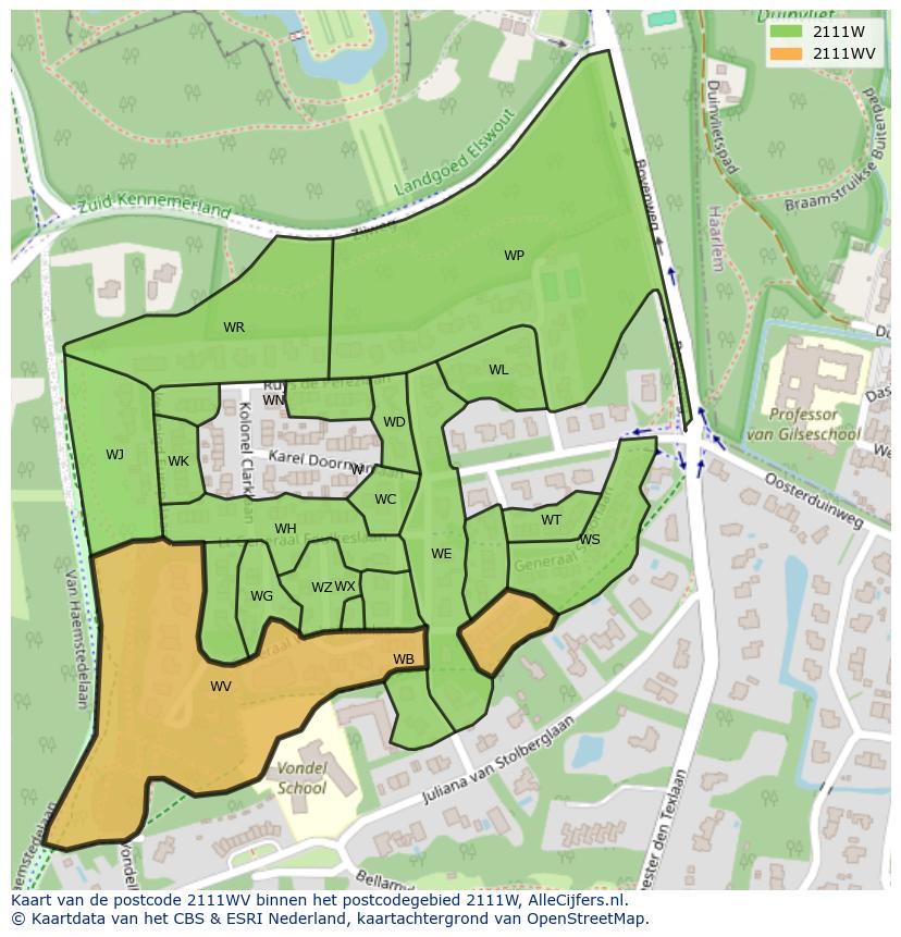Afbeelding van het postcodegebied 2111 WV op de kaart.