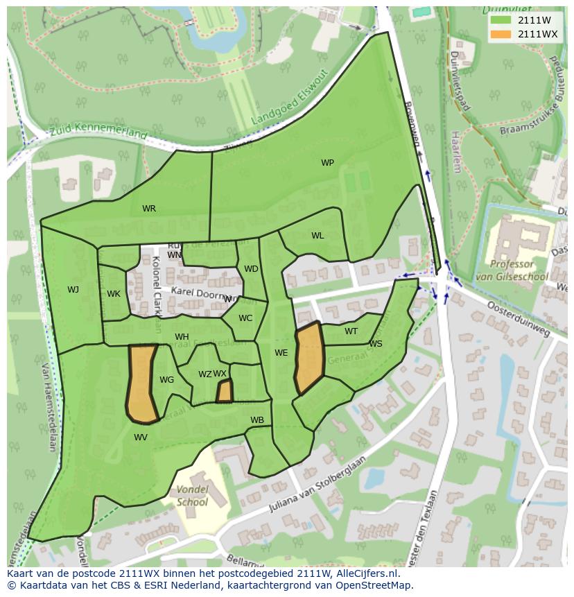 Afbeelding van het postcodegebied 2111 WX op de kaart.