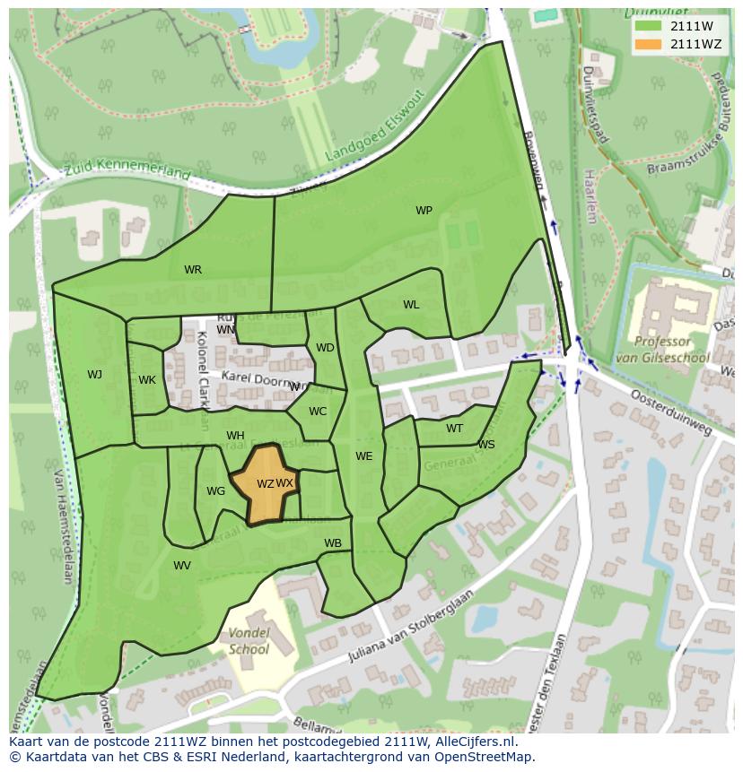Afbeelding van het postcodegebied 2111 WZ op de kaart.