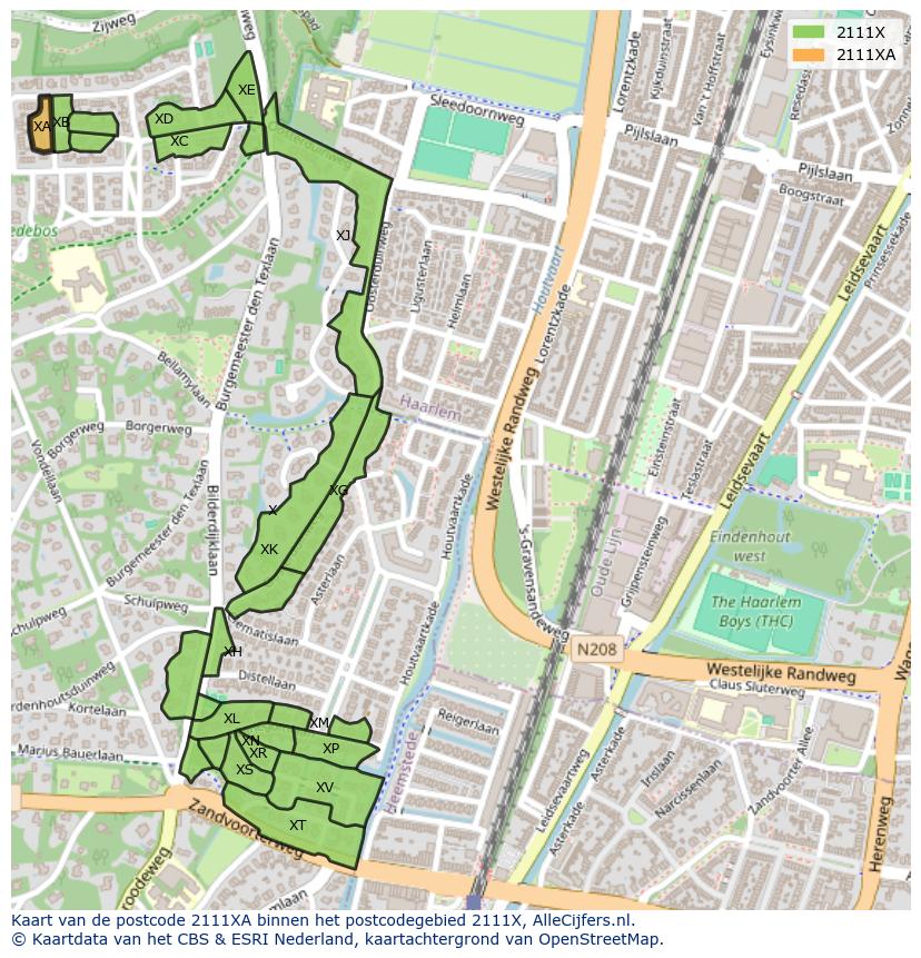 Afbeelding van het postcodegebied 2111 XA op de kaart.