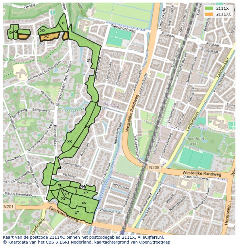 Afbeelding van het postcodegebied 2111 XC op de kaart.