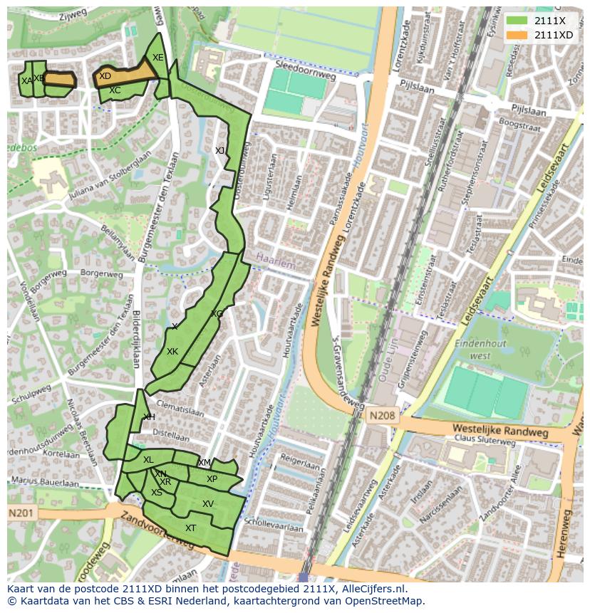 Afbeelding van het postcodegebied 2111 XD op de kaart.