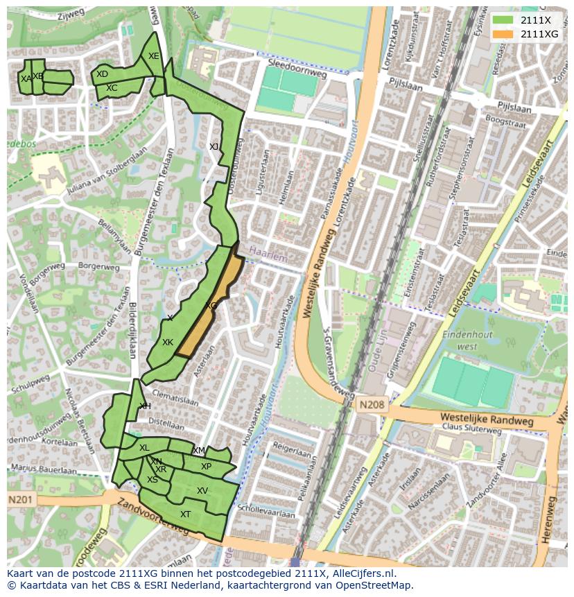 Afbeelding van het postcodegebied 2111 XG op de kaart.