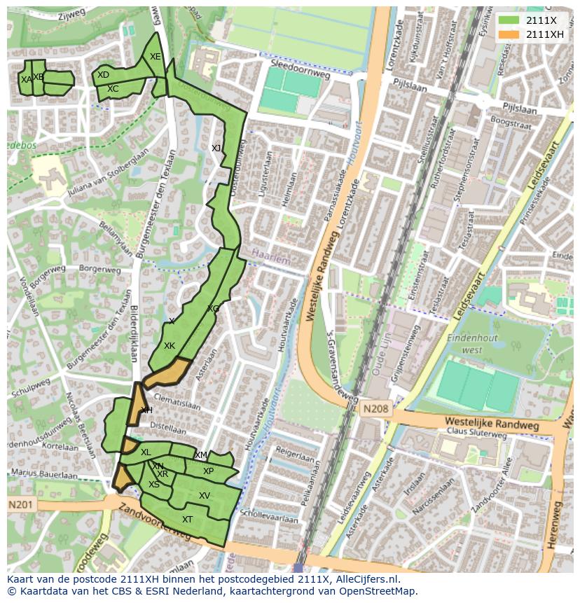 Afbeelding van het postcodegebied 2111 XH op de kaart.