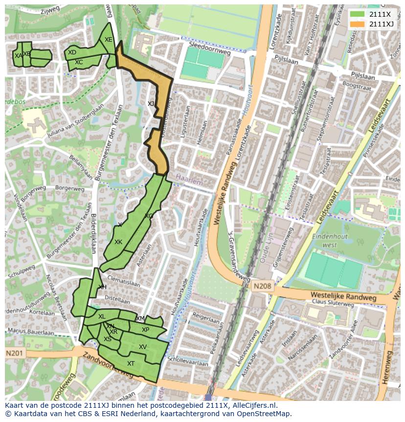 Afbeelding van het postcodegebied 2111 XJ op de kaart.