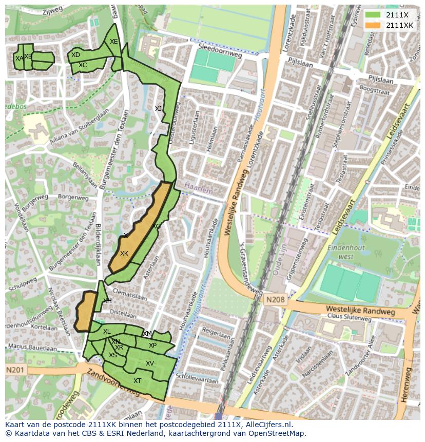 Afbeelding van het postcodegebied 2111 XK op de kaart.