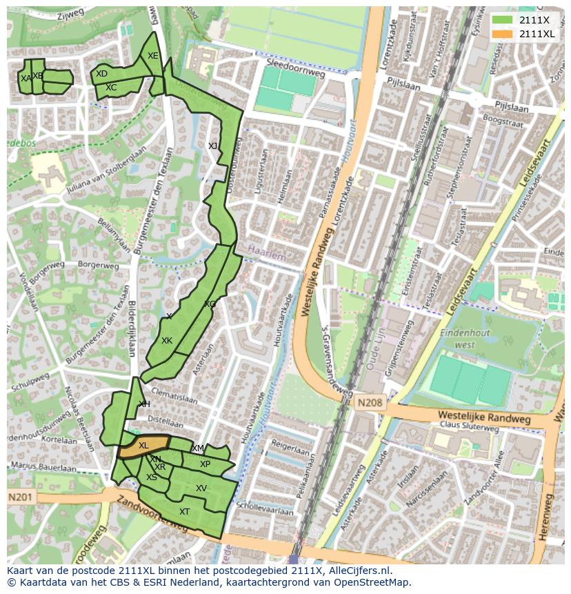 Afbeelding van het postcodegebied 2111 XL op de kaart.