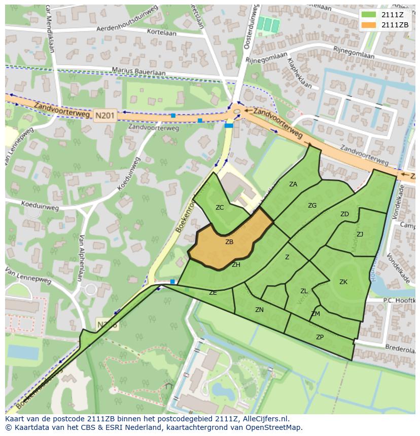 Afbeelding van het postcodegebied 2111 ZB op de kaart.