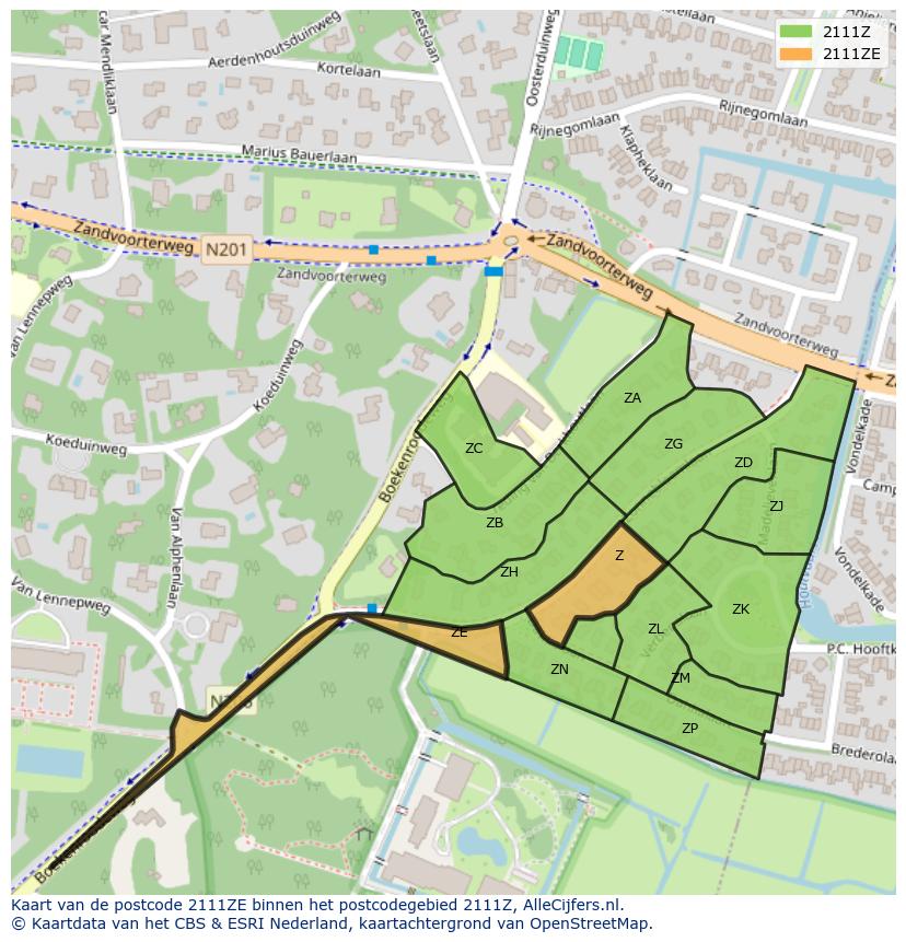 Afbeelding van het postcodegebied 2111 ZE op de kaart.