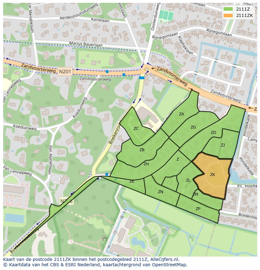 Afbeelding van het postcodegebied 2111 ZK op de kaart.