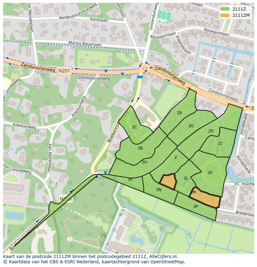 Afbeelding van het postcodegebied 2111 ZM op de kaart.