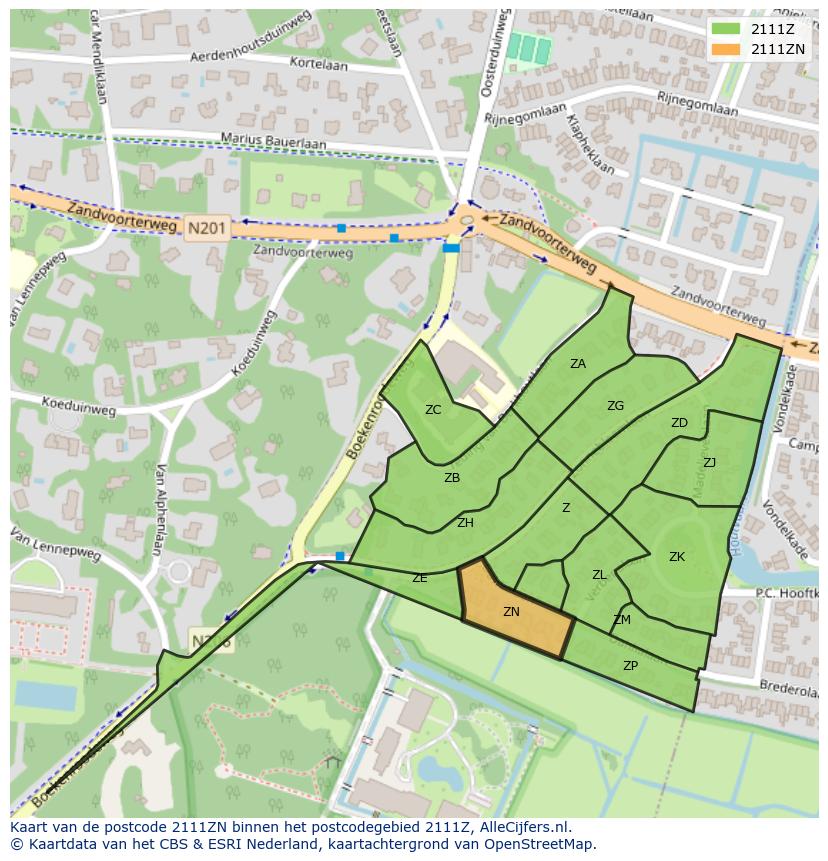 Afbeelding van het postcodegebied 2111 ZN op de kaart.