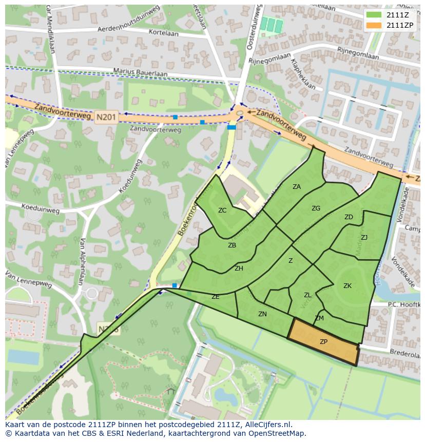 Afbeelding van het postcodegebied 2111 ZP op de kaart.