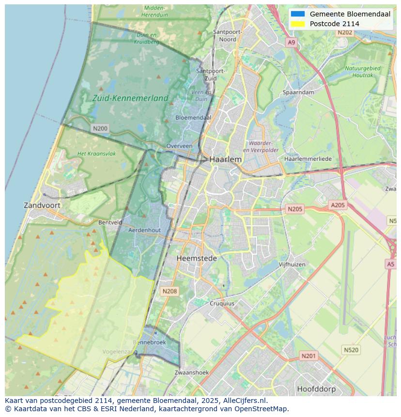 Afbeelding van het postcodegebied 2114 op de kaart.