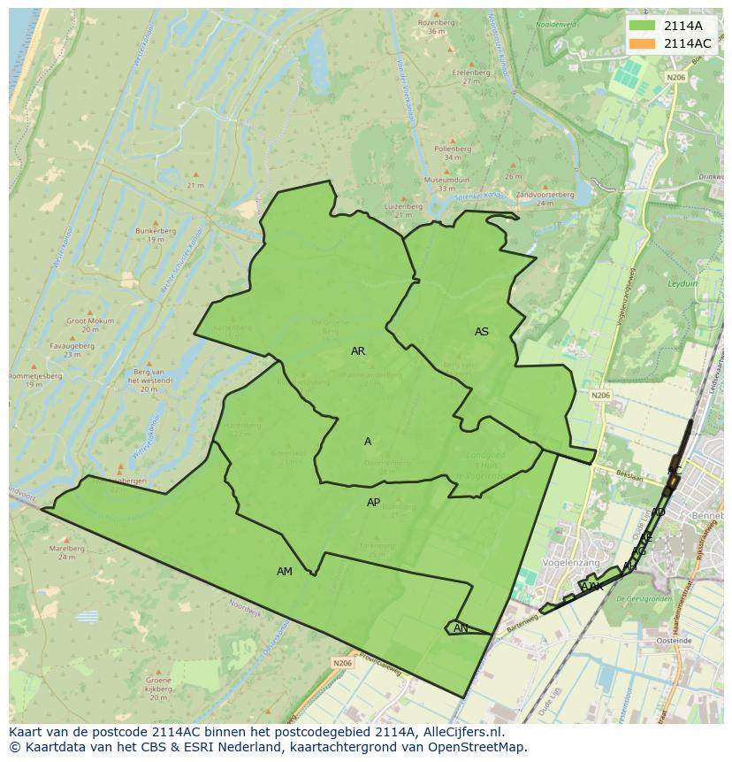 Afbeelding van het postcodegebied 2114 AC op de kaart.