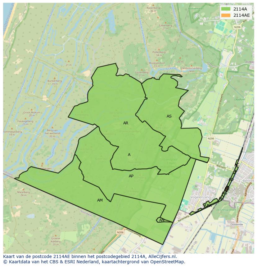 Afbeelding van het postcodegebied 2114 AE op de kaart.