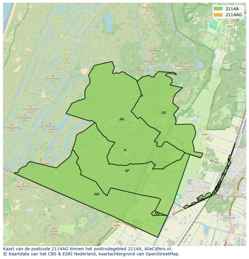 Afbeelding van het postcodegebied 2114 AG op de kaart.