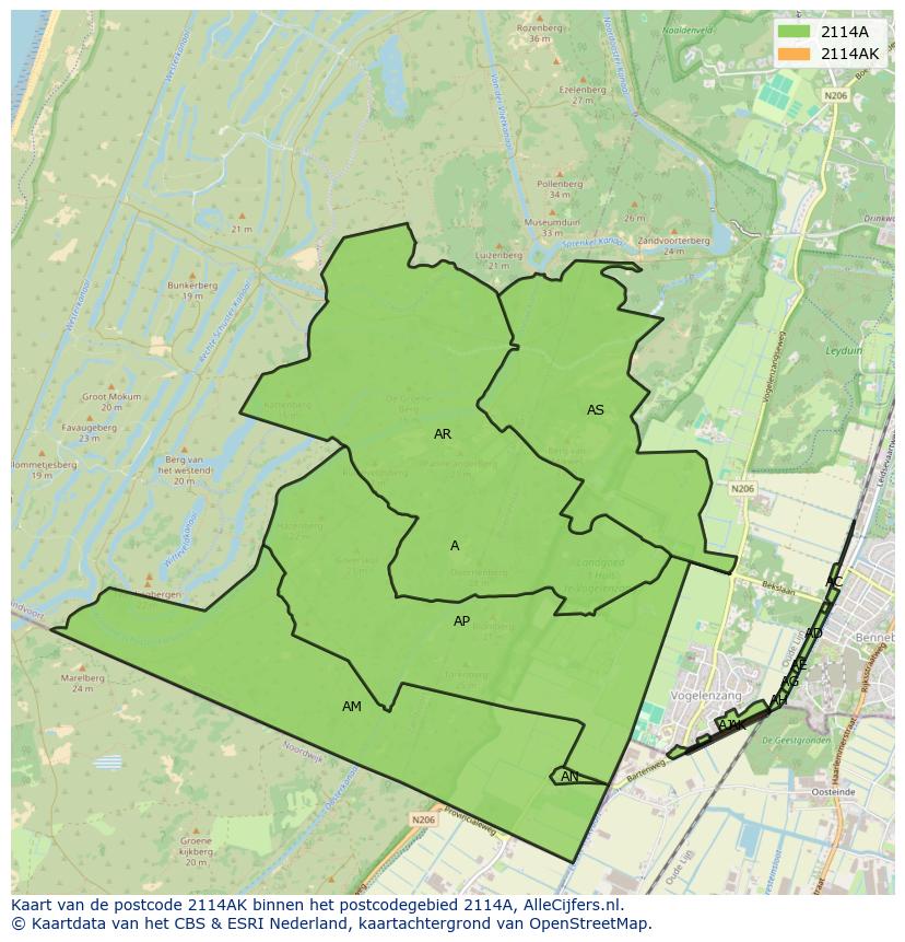 Afbeelding van het postcodegebied 2114 AK op de kaart.