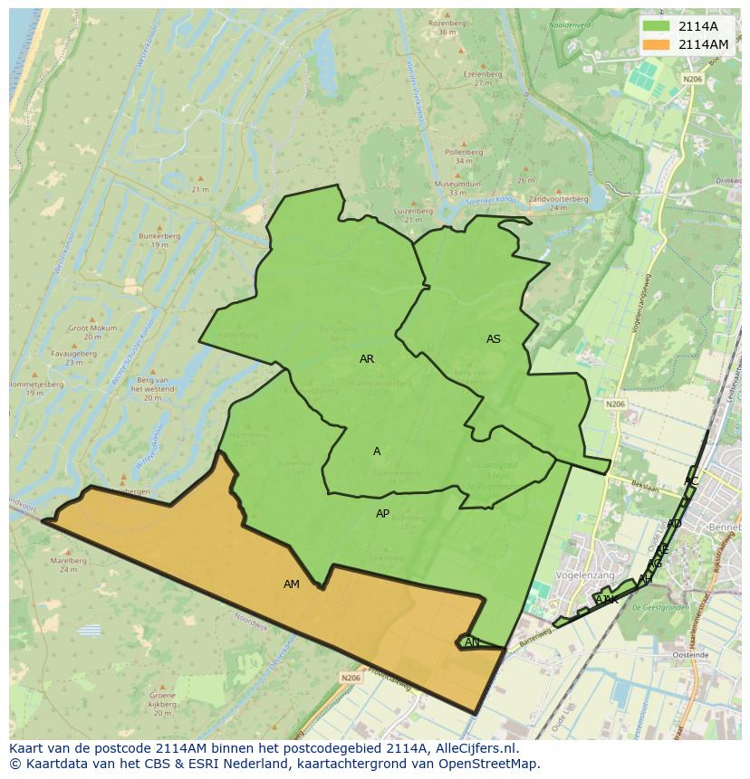 Afbeelding van het postcodegebied 2114 AM op de kaart.