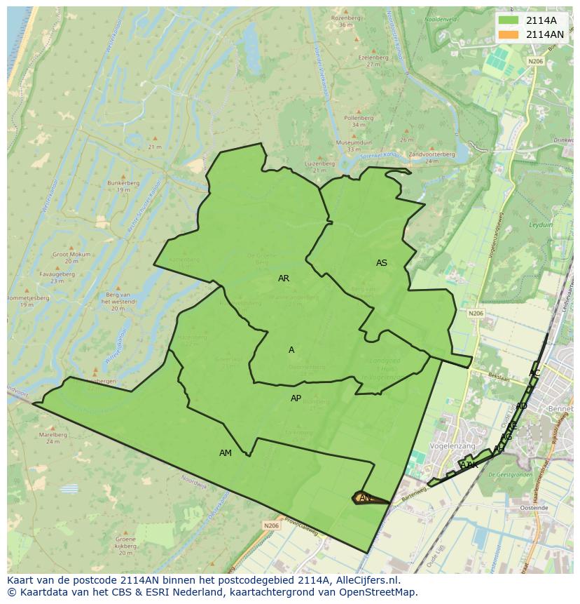 Afbeelding van het postcodegebied 2114 AN op de kaart.