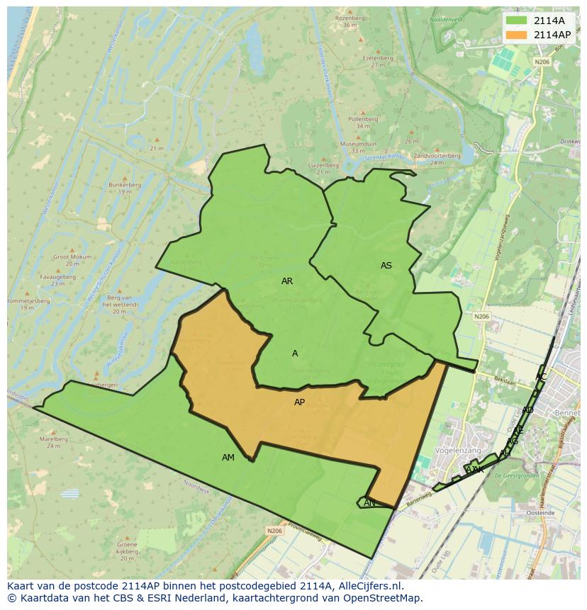 Afbeelding van het postcodegebied 2114 AP op de kaart.